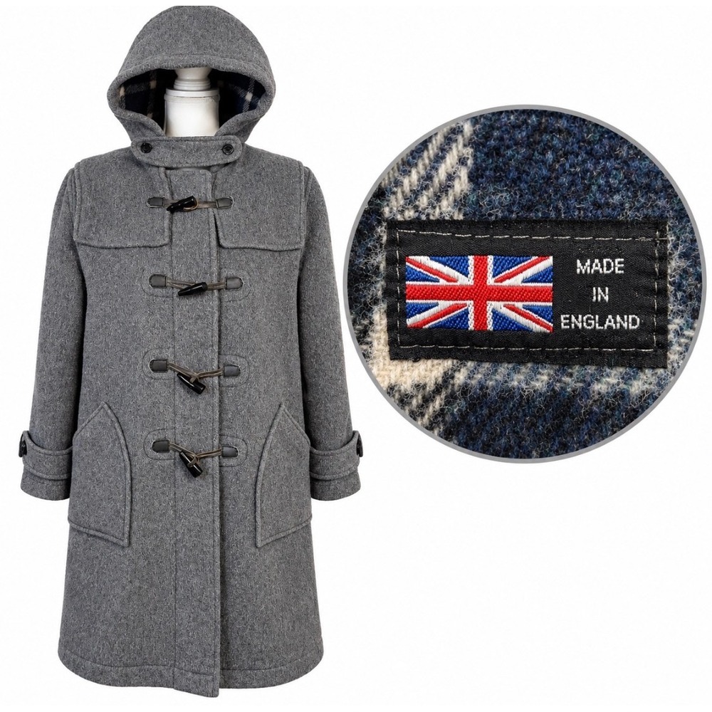 Vintage Women Duffle Coat M Wool Blend Hooded Toggles Made in England Grey Plaid